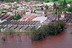 Vista aérea del pueblo de La Emilia, en el partido de San Nicolás, tomada en marzo último, que muestra el incontenible desborde del Arroyo del Medio