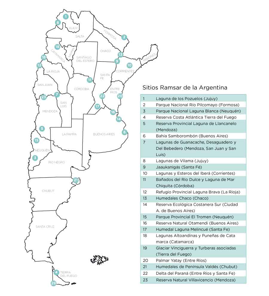 Mapa de sitios Ramsar en Argentina